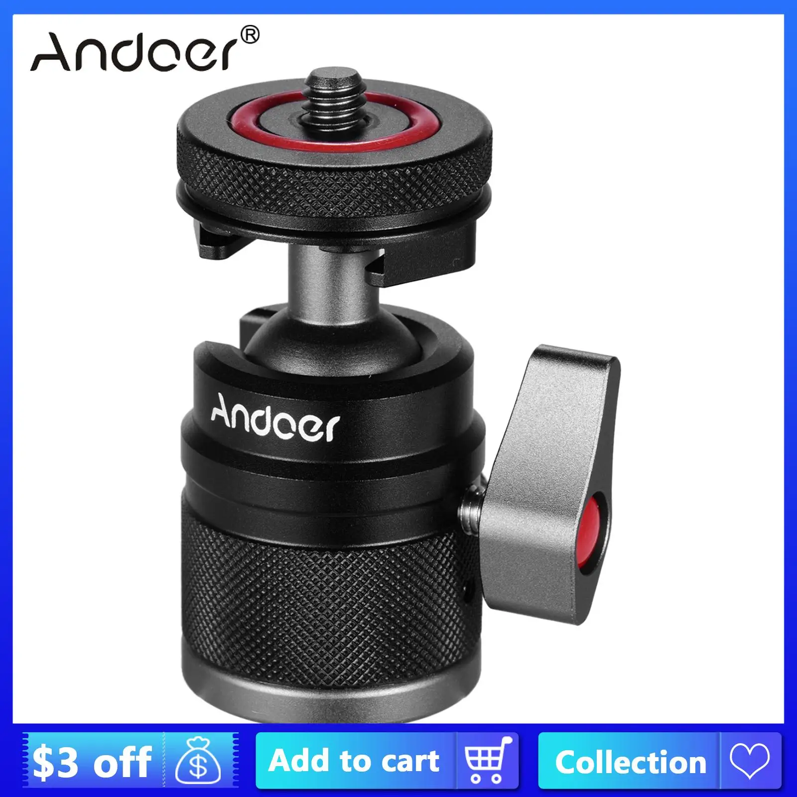 

CZ RU Andoer 2in1 Mini Cold Shoe Ball Head Dual Use 1/4 Screw Cold Shoe Mount Swivel for Camera Phone Flash Tripod Selfie Stick
