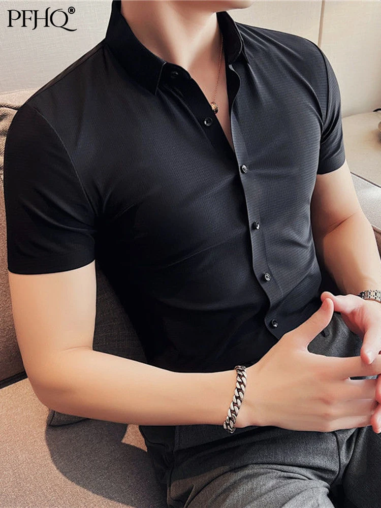 

PFHQ 2022 Summer Waffle Casual Ice Silk Short Sleeve Luxury Clothes Men's Slim Fit Elegant Social Shirts Trend Blouse 21Q1073