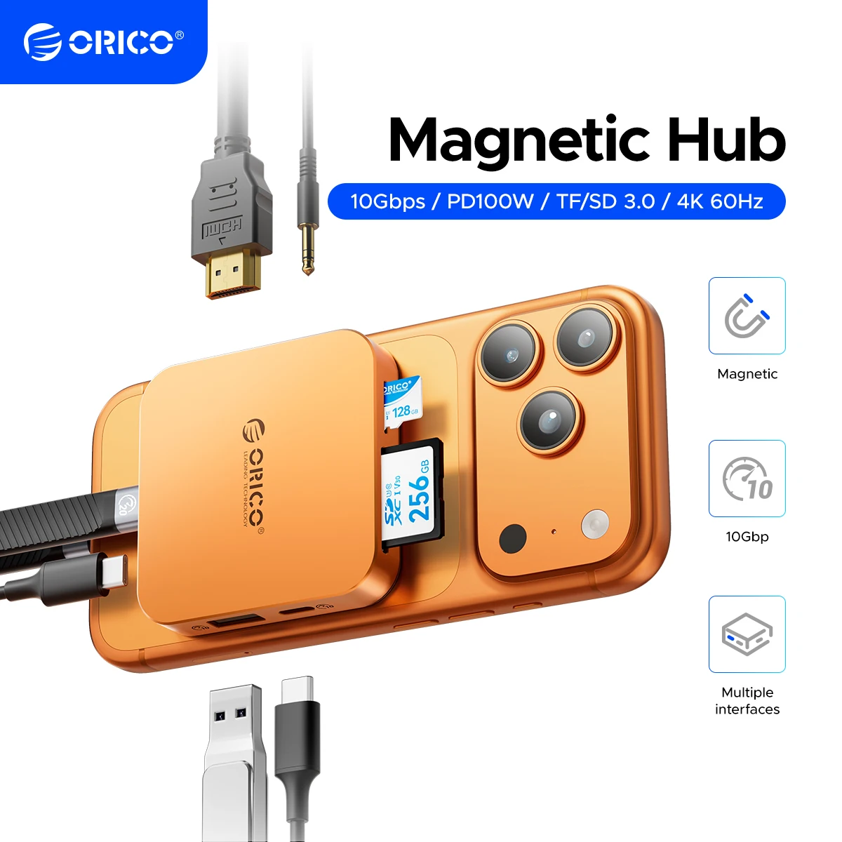 Фото ORICO Magnetic M.2 2230 NVMe SSD-корпус 10 Гбит/с USB C Док-станция с зарядным устройством 4K60HZ HDMI-COM SD/TF PD 100 Вт для iPhone 17 №1