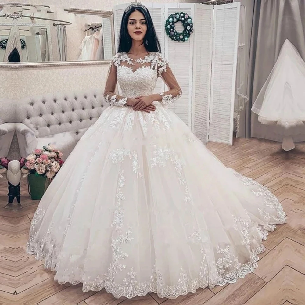 

GUXQD Long Sleeves Ball Gown Wedding Dresses Vestido De Noiva Fashion Scoop Applique Court Train Formal Princess Bride Dress