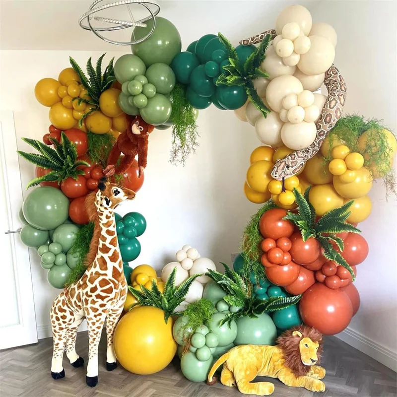

97pc Jungle Safari Balloon Garland Kit with Retro Avocado Green Sand White Ballon Set for Baby Shower Birthday Party Decorations