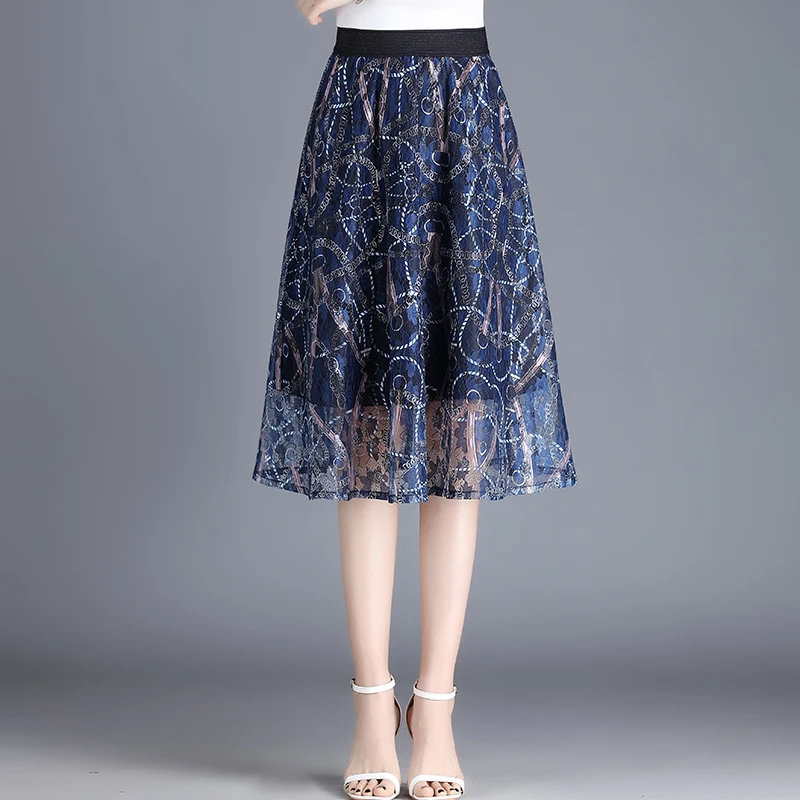 

Printed Lace Skirt For Women New Summer Elastic Wasit Fashion Half Skirt Elegant Chic A-Line Skirt Female Jupe