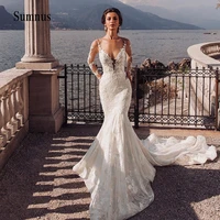 sexy mermaid wedding dresses long sleeve tulle deep v neck full lace bride dress backless boho wedding gown for bride 2022