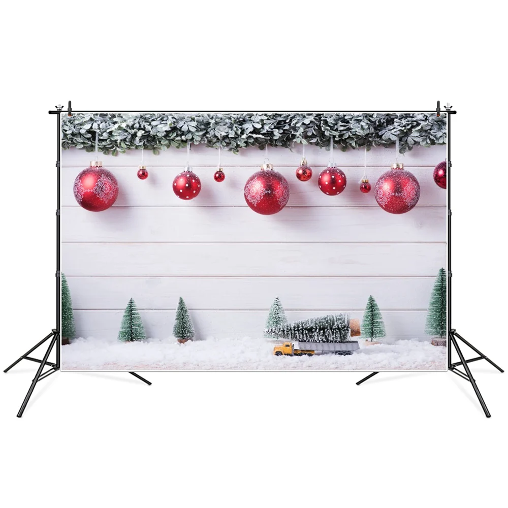 

Фон для фотосъемки с изображением рождественских шаров дерева грузовика снега деревянных досок