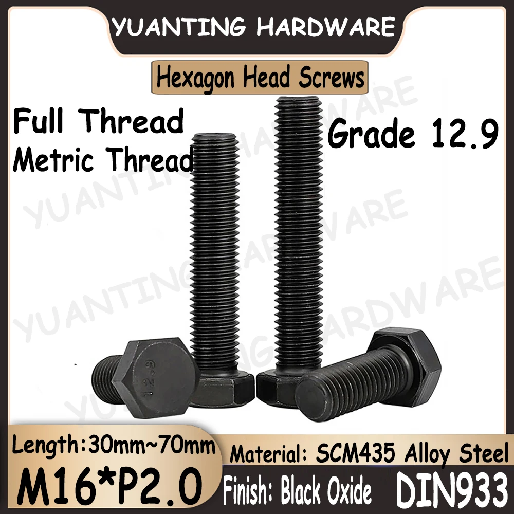 

2 шт. ~ 3 шт. M16xP2.0x30m ~ 70 мм Метрическая грубая резьба DIN933 класс 12,9 легированная сталь черная Шестигранная головка винты болты с полной резьбой