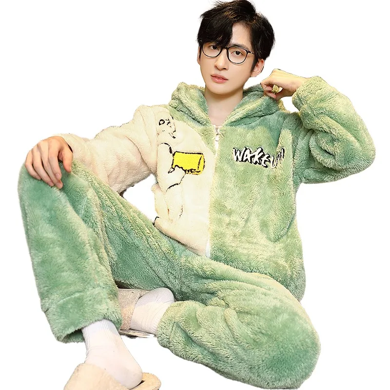QUHENGCoral Fleece Man Pajamas Set Winter Warm Large Size Flannel Home Clothes Autumn Sleepwear Thick Warm Nightwear Homewear