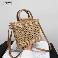 jozy summer 2022 women straw tote bags luxury designer handbags purses weave drawstring closure wooden handle beach shoulder bag