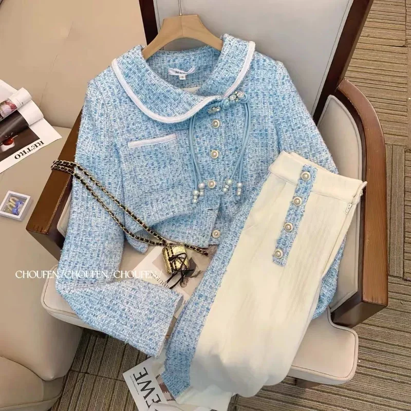 Женский твидовый пиджак с высокой талией элегантный винтажный воротником Питер