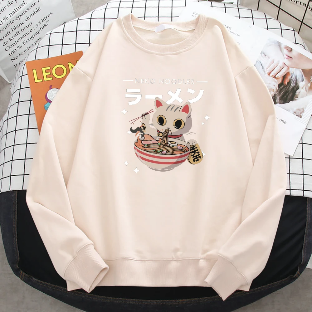 

Толстовка мужская в стиле Харадзюку, свитшот с рисунком кошки, лапши, рамен, длинный рукав, спортивная одежда, Повседневная Удобная уличная ...