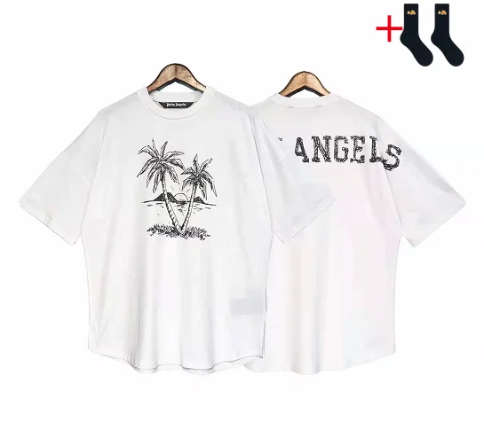 Palm Angels 22SS Men and Women Couples Letter Maple Leaf Print Casual Fashion Round Neck Short Sleeve t-shirt + socks