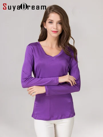 SuyaDream Женская шелковая футболка  V-образный вырез