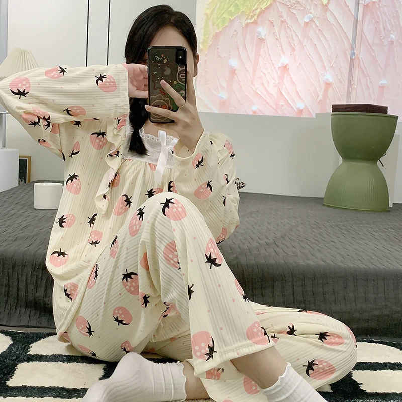 CAIYIER Kawaii Girls Hearts Print Leisure Sleepwear Korean Winter Long Sleeve Long Pants Nightwear For Women Pyjamas Elegant 2XL
