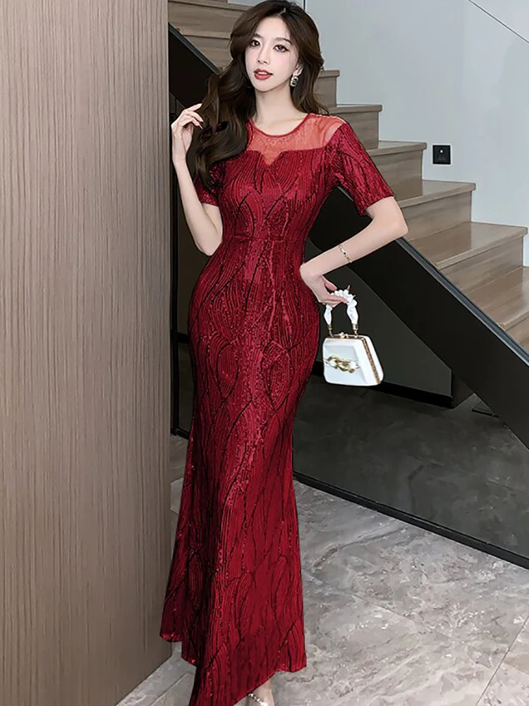 Женское винтажное платье с блестками Красное Облегающее Платье в Корейском