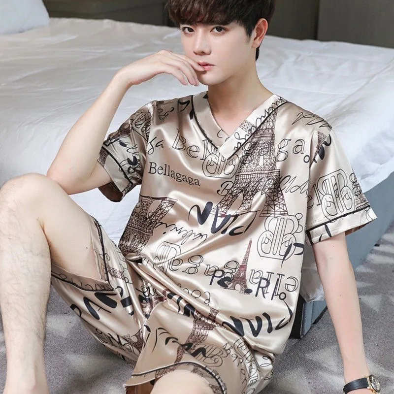 Men's Homewear Loose-fitting Trunks & Boxers Set for Men Comfortable Lightweight Homewear Suit Cool Ice Silk Tops T-shirt Pajama