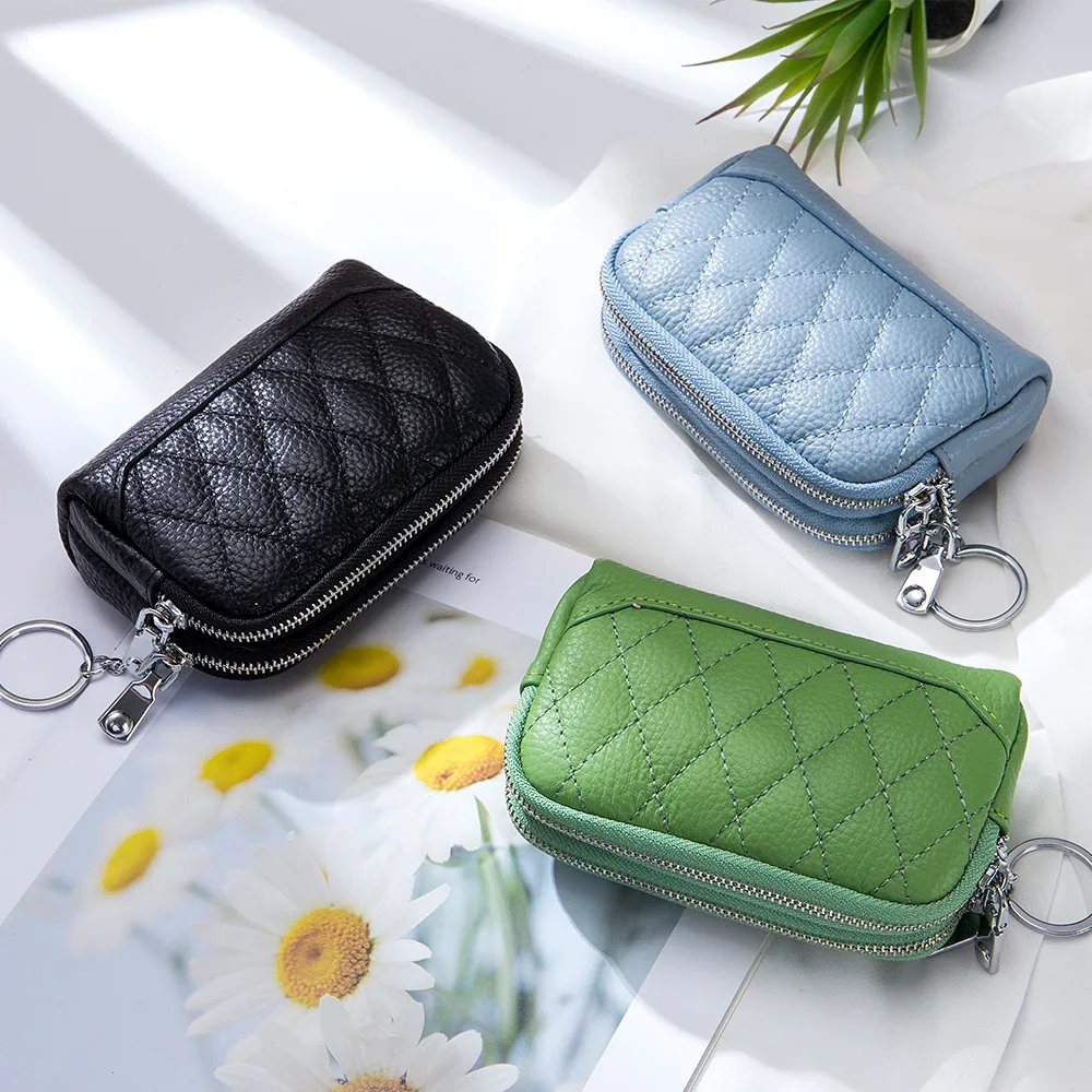 The First Layer of Leather Diamond Mini Wallet Key Chain Coin Bag Leather Double Zipper Coin Purse Storage Bag for Women