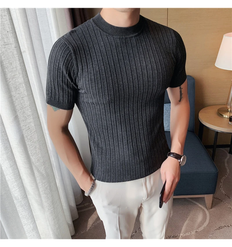 

New Style Men High Grade Solid Color Stripe Knit T-shirt/Male Slim Fit Fashion High Collar Short Sleeve T-shirt Black White