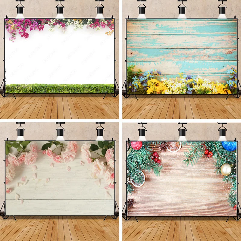 

Vinyl Custom Photography Backdrop Simulated Flowers and Wooden Board Photography Studio Background WYY-11