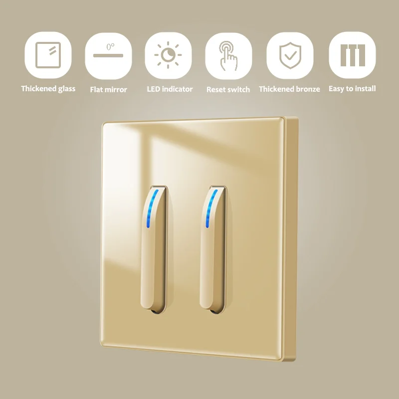 

Avoir Piano Key Design Light Switch 2 Way 16A Push Button Reset Switches LED Indicator Gold Glass Panel EU French Power Outlets