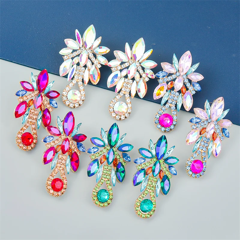 

2023 New Multicolor Rhinestone Floral Dangle Women's Earrings Dinner Wedding Accessories Fashion Statement Jewelry