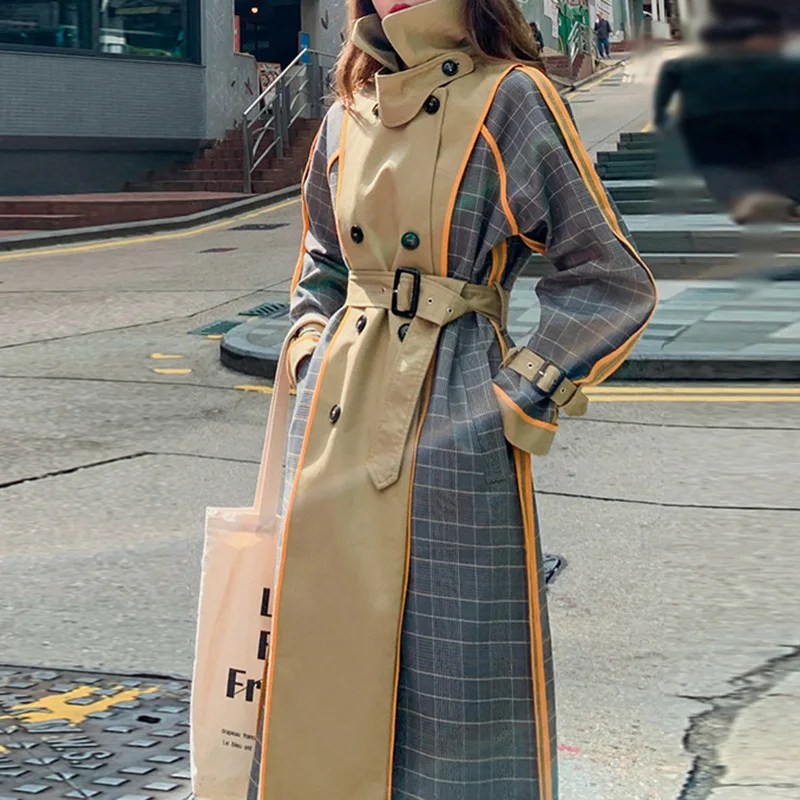 костюм женский OL Lady Windbreaker With Belt 2023 Spring Stand-Up Collar Long-Sleeved Plaid Stitching Long Coat Jacket In Stock