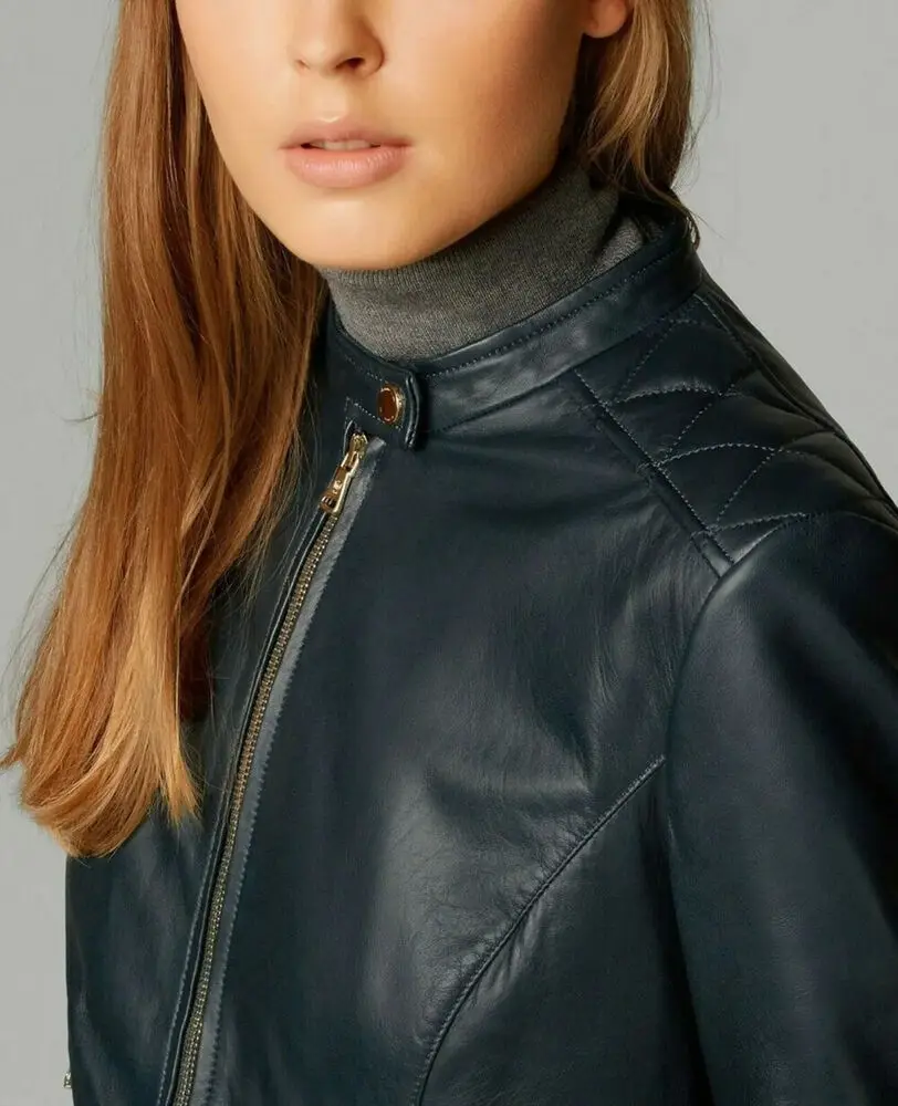 Women Navy Blue Leather Jacket 100% Genuine Lambskin Slim Fit Coat