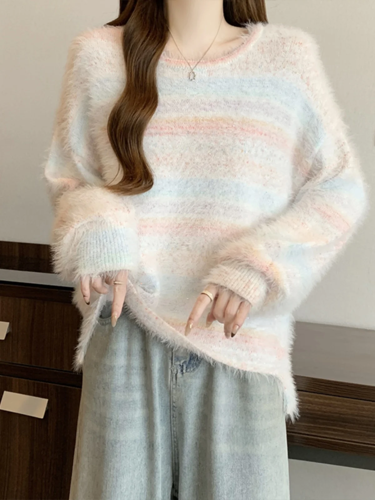 Color Stripe Short Front and Long Back Dalang Sweater Outerwear Women Autumn Winter Outer Wear Chaoshan Knit Top Plus siz...