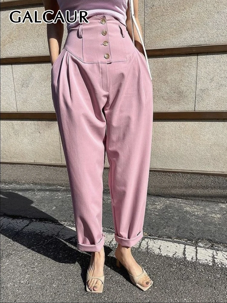 

GALCAUR Solid Korean Harem Pants For Women High Waist Patchwork Pocket Single Breasted Folds Loose Casual Spring Trousers Female