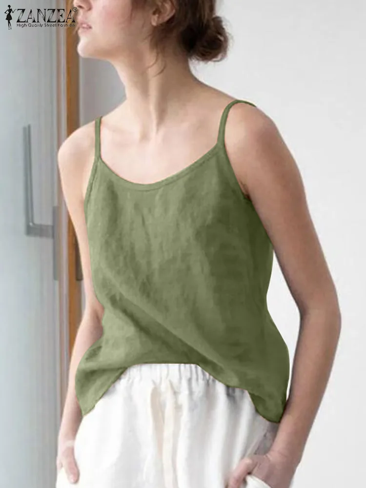 

Stylish Tank Tops Cami Women Summer Blouses 2022 ZANZEA Casual Spaghetti Straps Tunic Female Solid Shirt Oversized Chemise Top