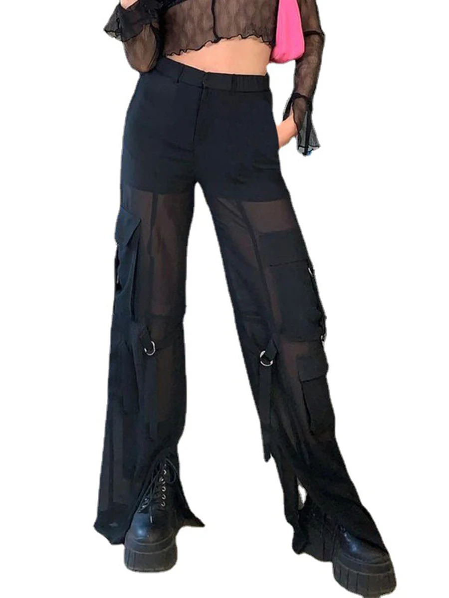 

Women Cargo Pants Y2K Casual Low Waist Solid Color Vintage Wide Leg Straight Loose Long Pants with Pockets