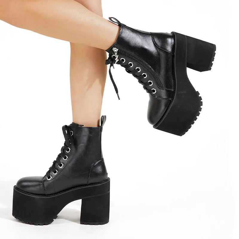 Women Platform Boots High Chunky Heel Ankle Boots Black Punk Style Lace Up Motorcycle Boot Lady Autumn Winter Shoes Big Size 43