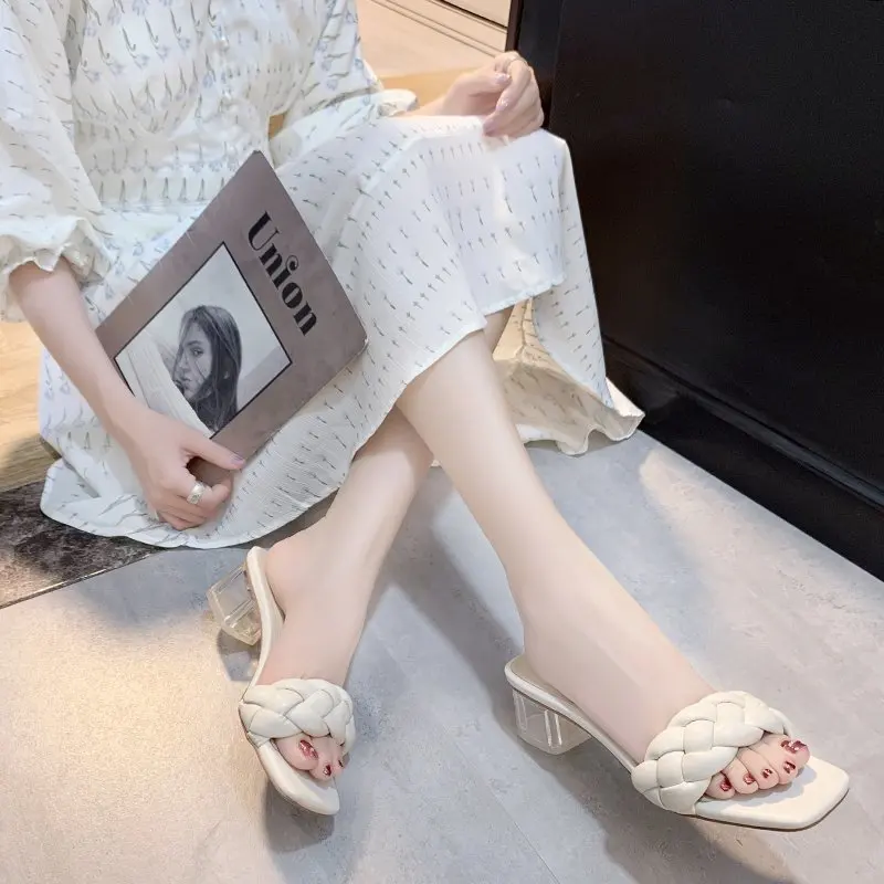 

Slides Women High Heels Mules Fetish Pumps Individual Weave Leisure Office Ladies Prom Slippers Women's Shoes Tacones Mujer