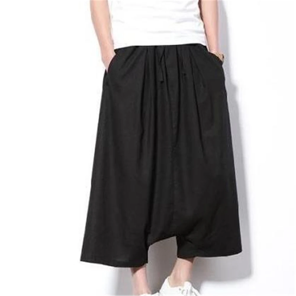 

2021 Korean Style Baggy Men Pants Men's Wide Crotch Harem Pants Cotton Linen Loose Large Cropped Trousers Wide-legged Bloomers