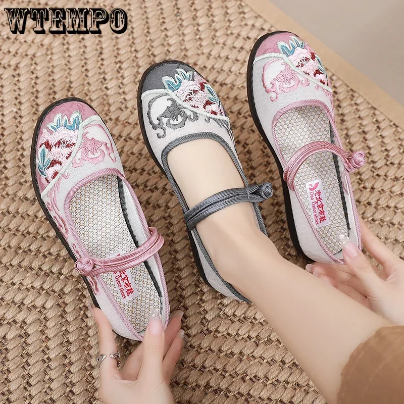

WTEMPO Handmade Women's Vintage Embroidered Canvas Ballet Flats Ladies Comfortable Chinese Ballerinas Vegan Embroidery Shoes