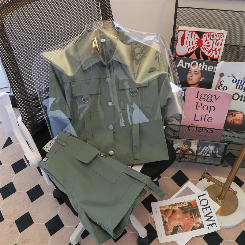 

2023 Women's Two Piece Sets Short-sleeved Shirts High and Waist Shorts Pants Fashion Tooling Suit Summer Safari Style Overalls O
