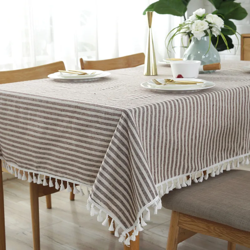 

Cotton Linen Striped Tassel Tablecloth, Japanese Style Minimalist Rectangular Cover Cloth with Fringes for Home Decor Parties