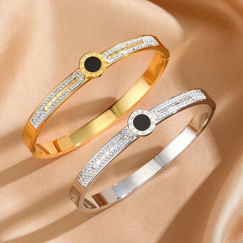 

Stainless Steel Bangle Luxury Brand New Roman Numerals With Crystal