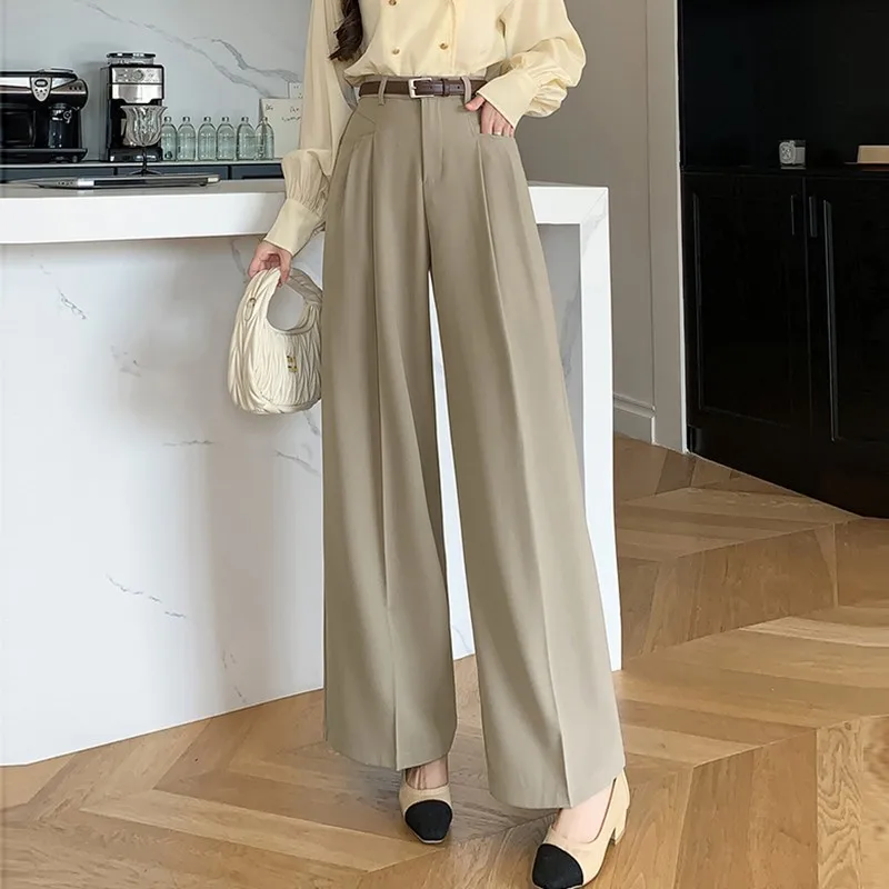Женские широкие брюки с высокой талией однотонные свободные офисные базовые в
