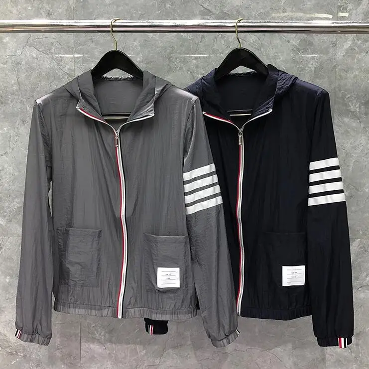 TB Man's Jersey New Brand Jacket Men Quick Dry Striped Sun-Uv-Protective Skin Windbreaker Loose Summer Coats Thin Casual Hooded