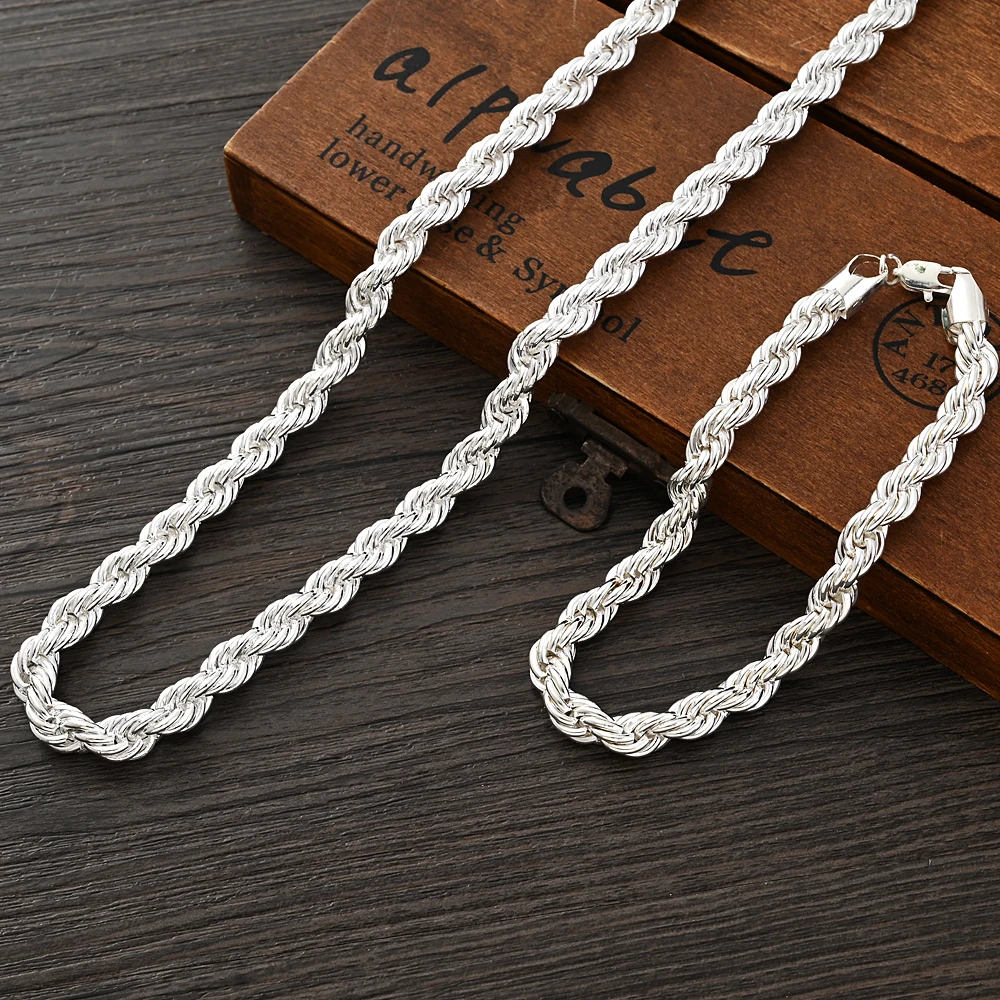 

Bangrui Width 3mm/4mm/5mm/6mm/7mm Twisted Rope Link Chain Silver Color Necklace&Bracelet for Men Women Jewelry Gift
