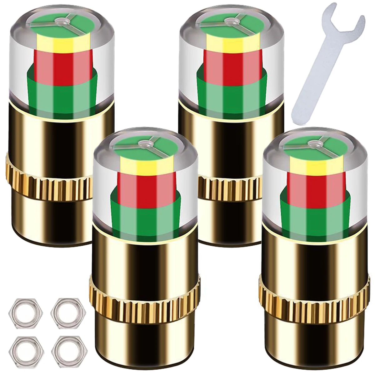 

new 4pcs Tire Pressure Detection Cap 36PSI/2.4Bar Tire Pressure Monitor Valve Caps 3-Color Prompt Tire Pressure Caps with Nuts &