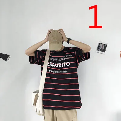 

Trendy striped round neck mid-sleeve shirt slim half-sleeve shirt summer short-sleeved t-shirt male