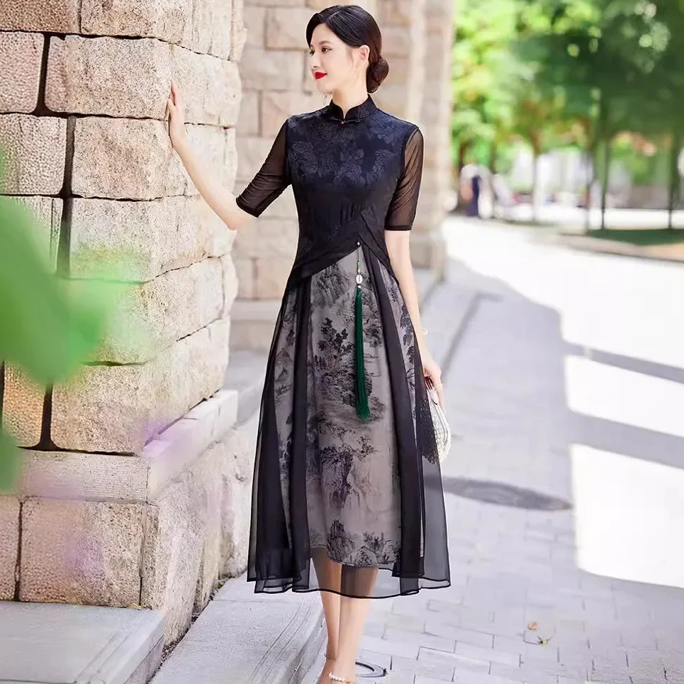 Новое улучшенное кружевное платье Cheongsam в китайском стиле ретро 2024 элегантное