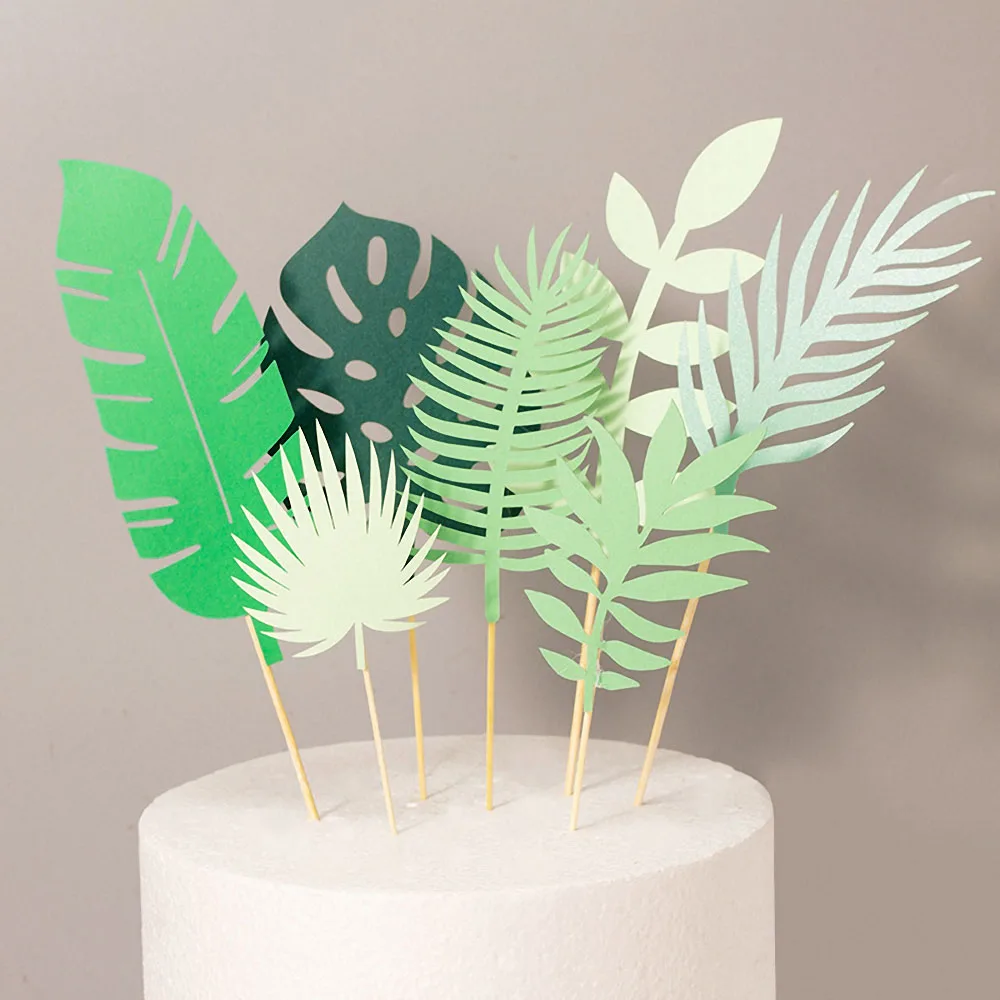 

Green Plant Cake Toppers Laser Cupcake Flags Jungle Party Birthday Baby Shower Cake Topper Wedding Cake Decorating Tools