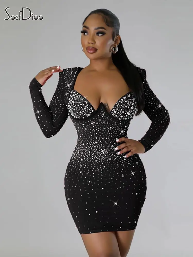 

Soefdioo Diamonds Hot Rhinestone Sexy Long Sleeve Wrap Chest Bodycon Mini Dress Women 2024 Fashion Party Vestido Evening Dresses