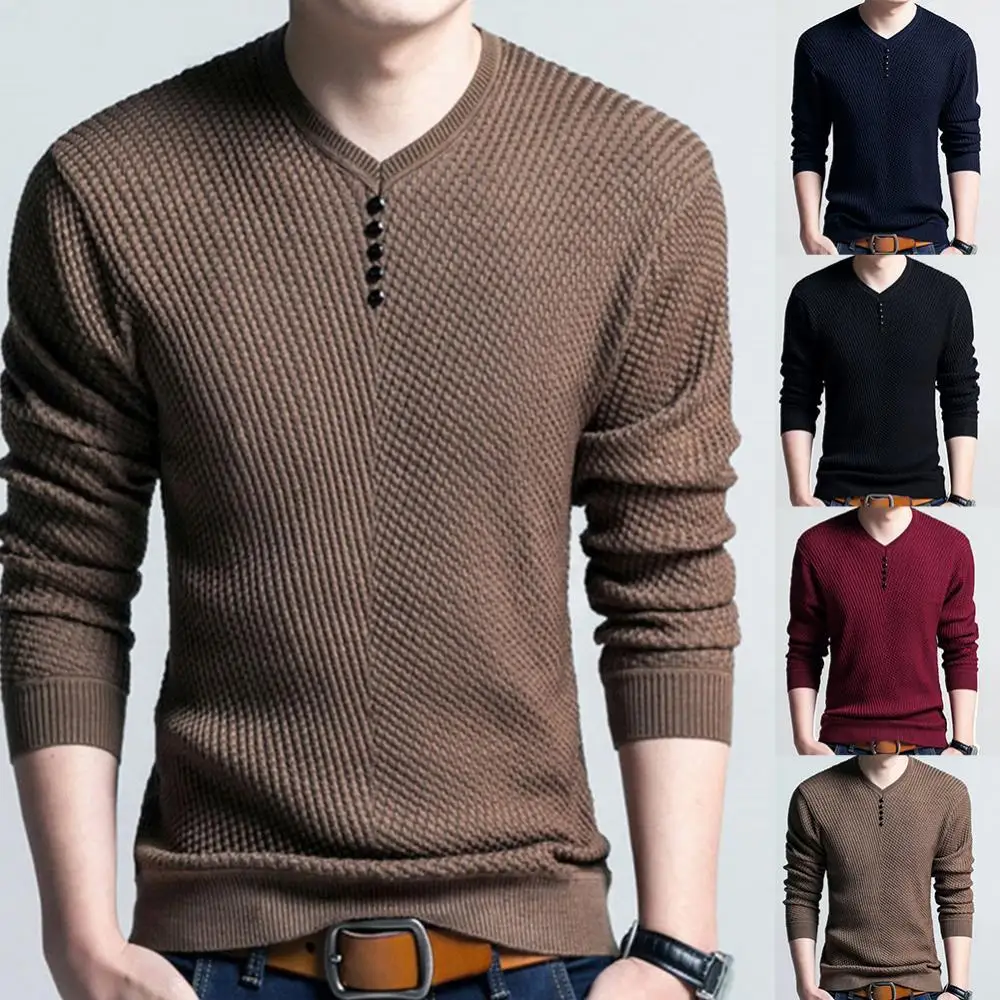 

Autumn Winter Long Sleeve Men Sweate Chic Solid Color V Neck Pullover Men Knitted Sweater Blouse for Daily Wear 2022