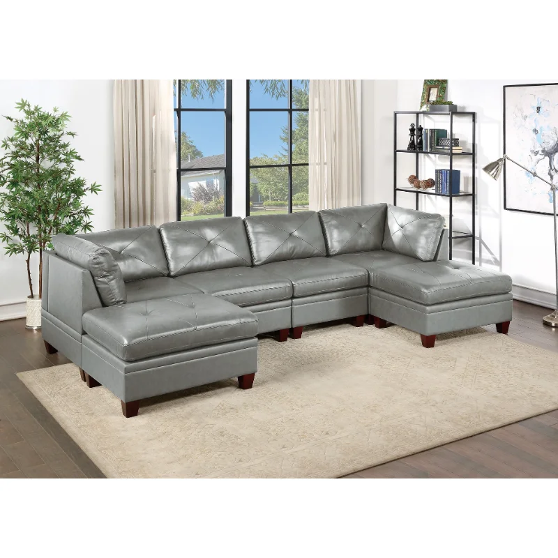 Genuine Leather Sectional Sofa Chair Ottomans 6pc Set Grey Tufted Couch ...