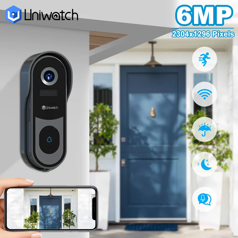 uniwatch 2K Doorbell Camera Wireless Smart Video Human Detection Real-Time Alerts 2-Way Audio Battery Powered Cloud/SD Storage