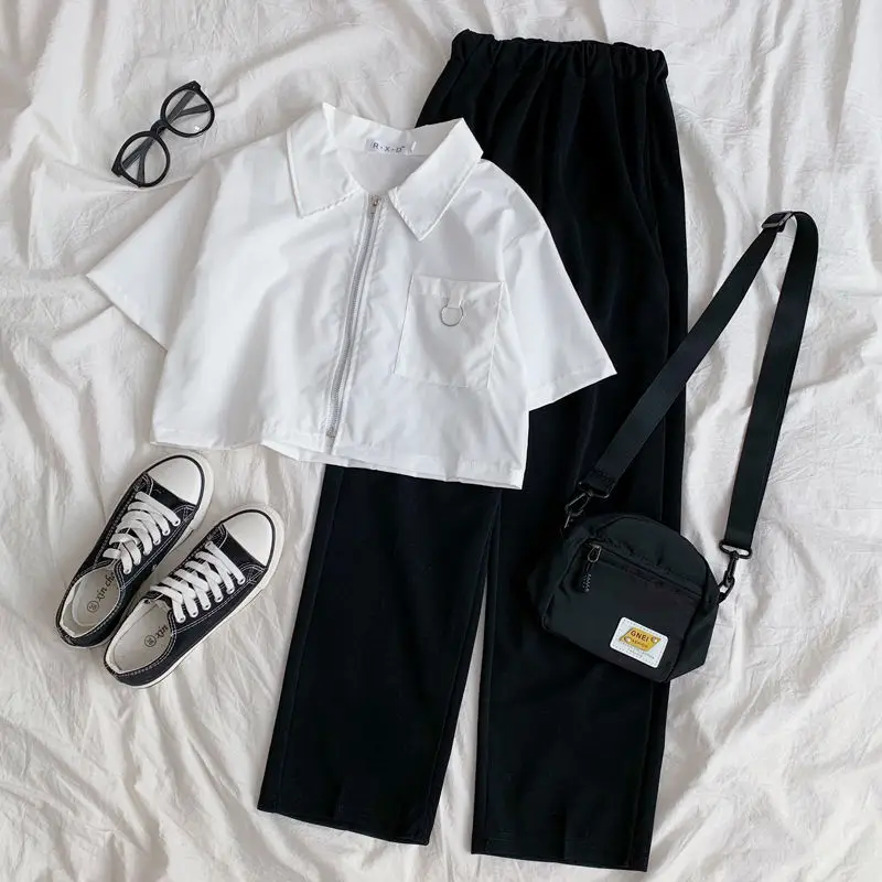 

Women's Short Sleeve Shirt and Long Trousers New Korean Fashion Loose Harajuku Streetwear Wide Leg Pants Two-piece Suit X284