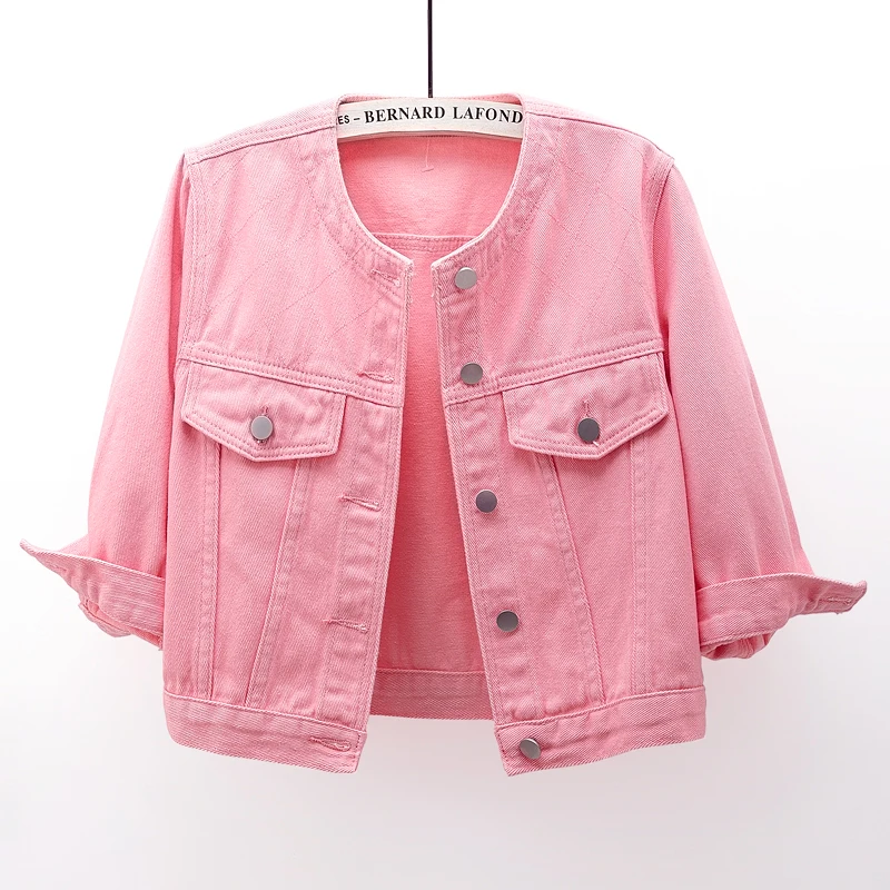 

Fashion Pink Slim Short Denim Jackets Women Big Pocket Casual Cowboy Outerwear O Neck Three Quarter Sleeve Jeans Jacket Female