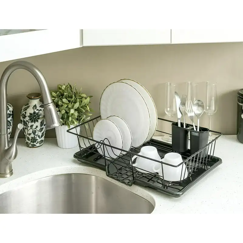 

Vinyl Rust-Resistant Self-Draining Dish Drainer with Black Drip Tray, Sturdy and Durable Piece